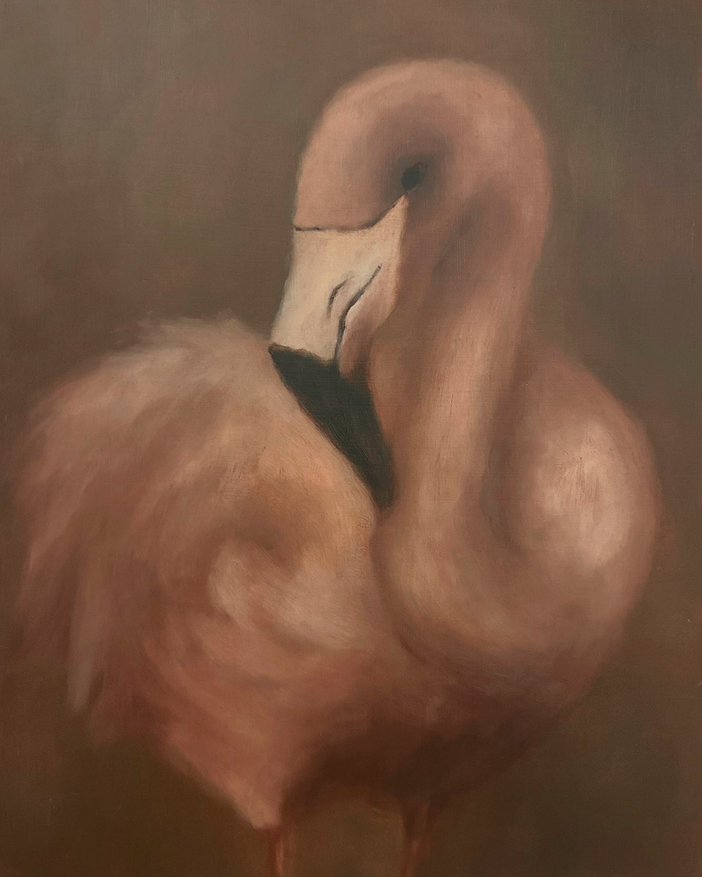 Painting of a flamingo on a dark brown background