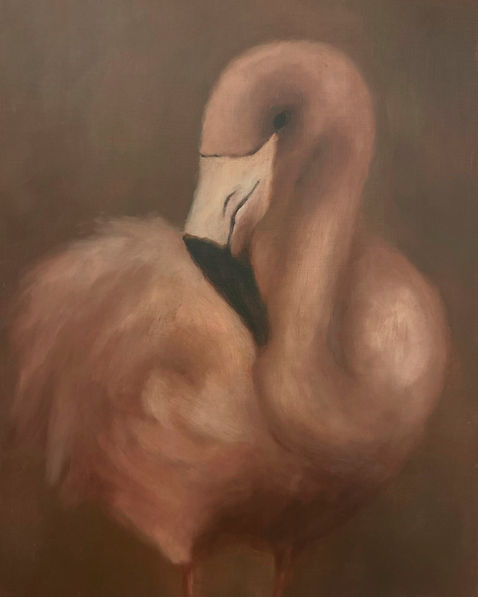 Painting of a flamingo on a dark brown background