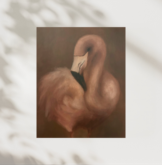 Artistic depiction of a flamingo with a soft, blurred background