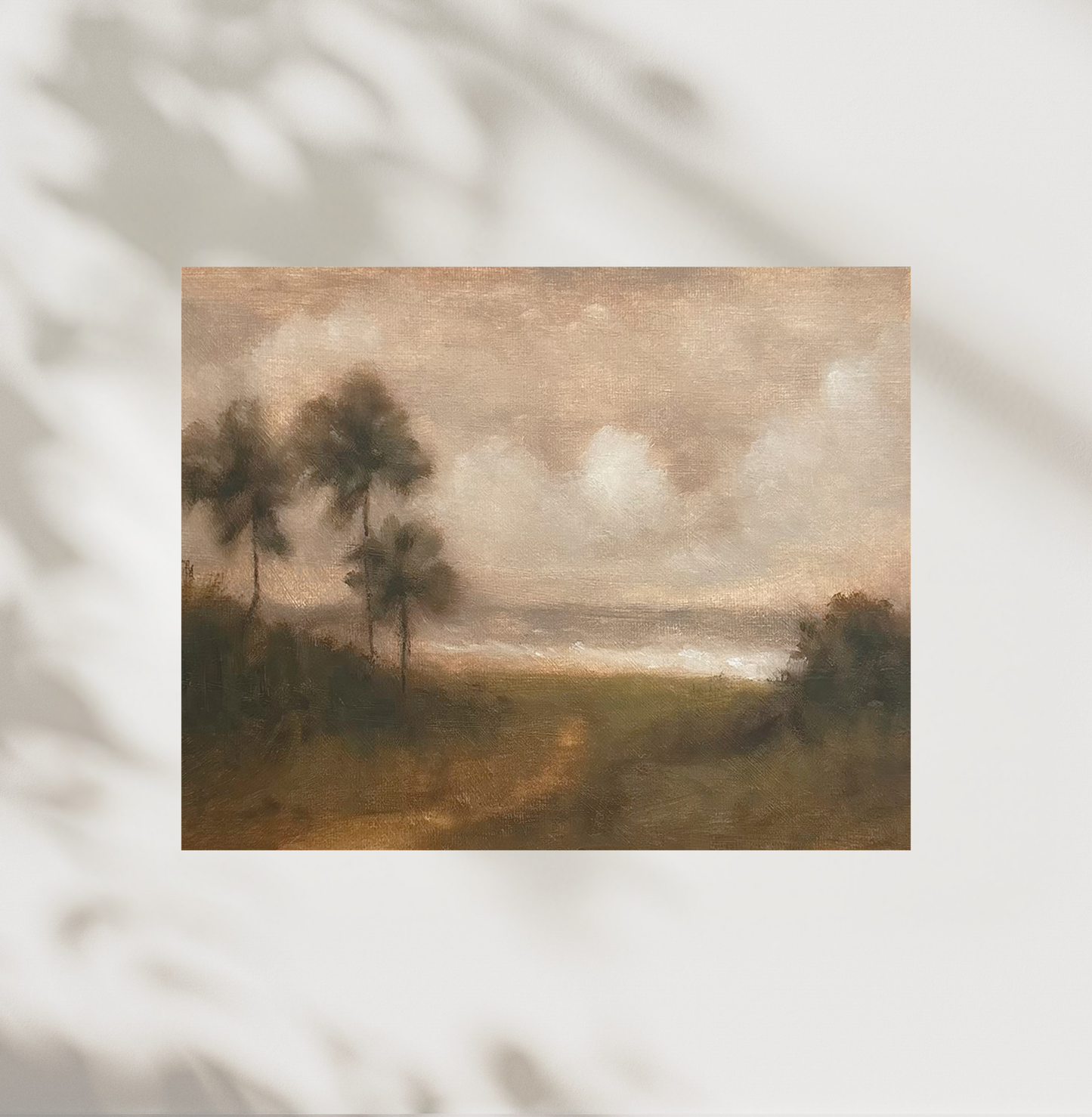 Vintage-style landscape painting with trees and a body of water on a light background