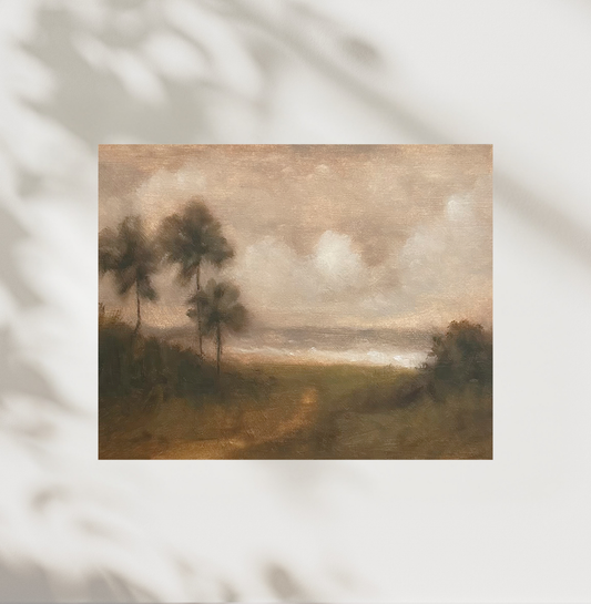 Vintage-style landscape painting with trees and a body of water on a light background