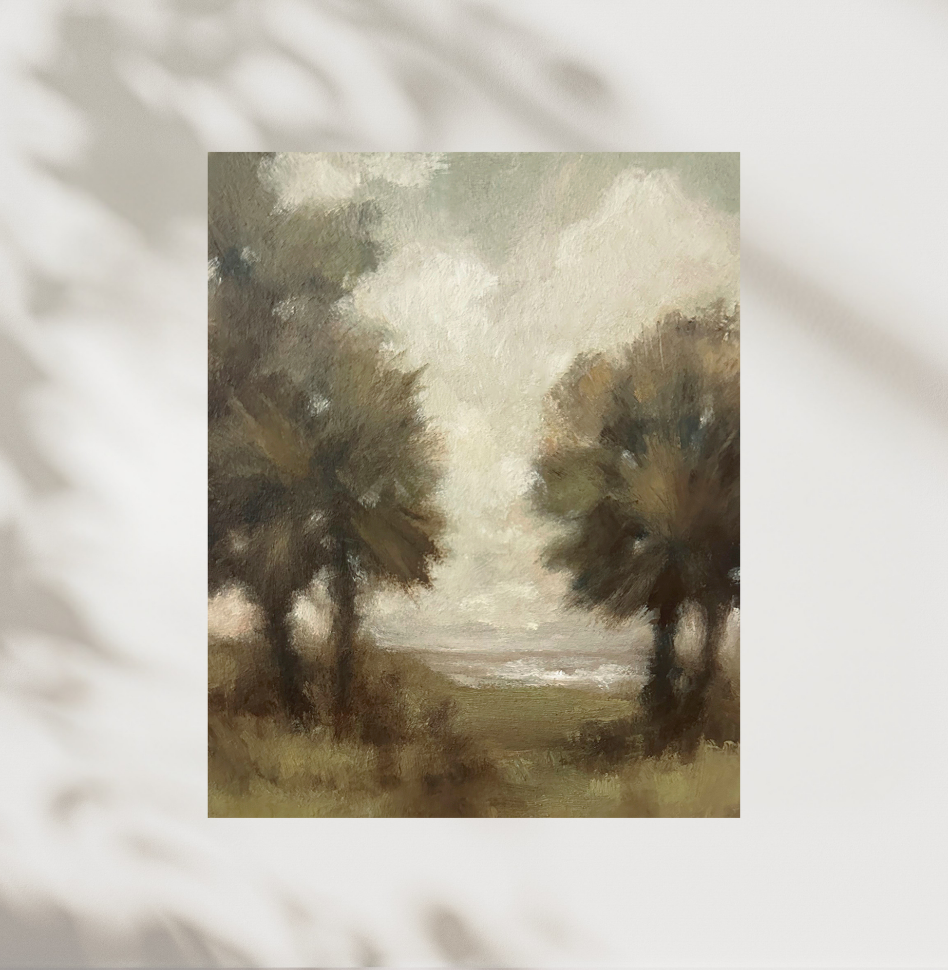 Painting of a landscape with trees and a body of water.