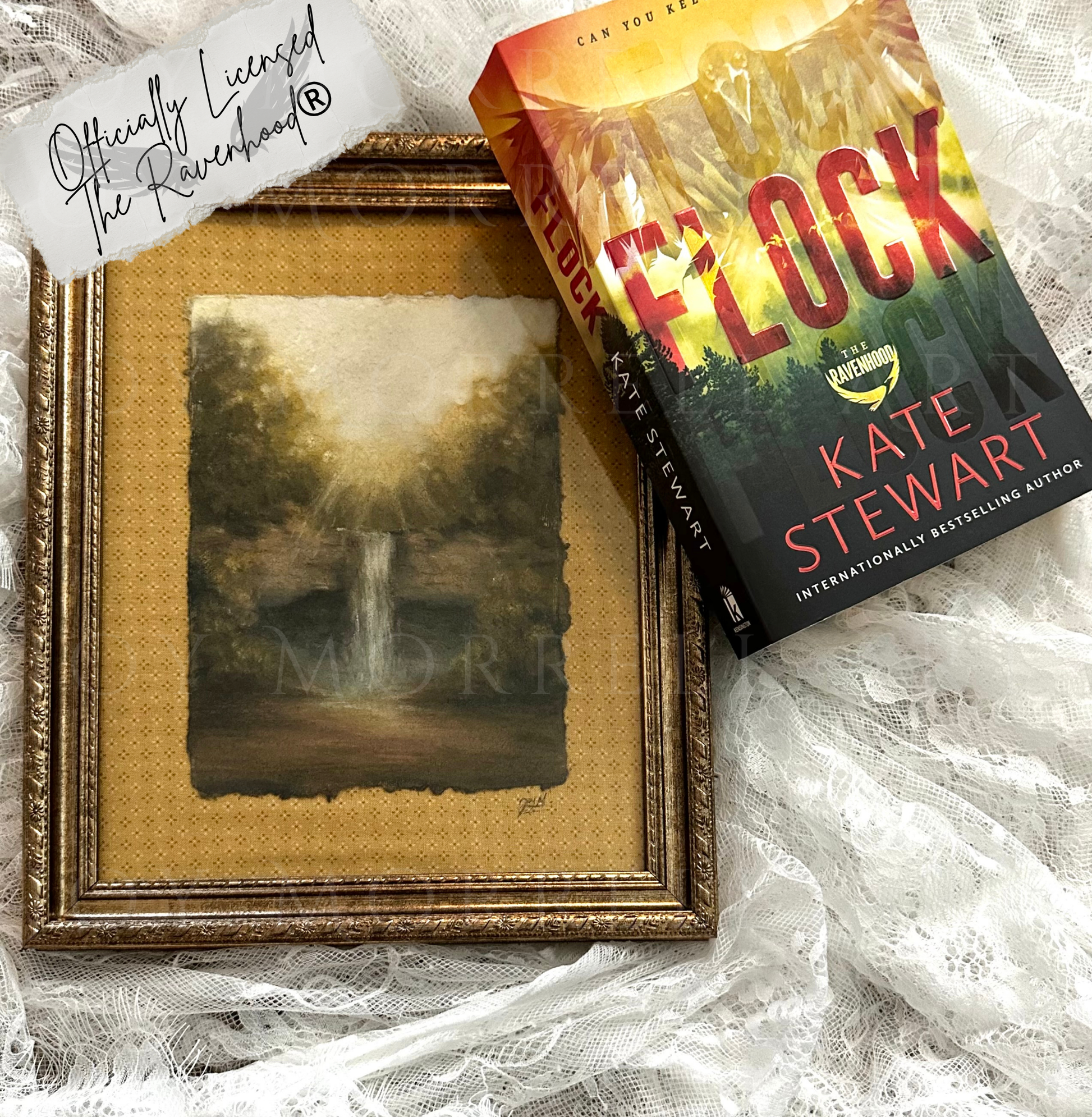 Book titled 'Flock' by Kate Stewart next to a framed painting on a textured surface.