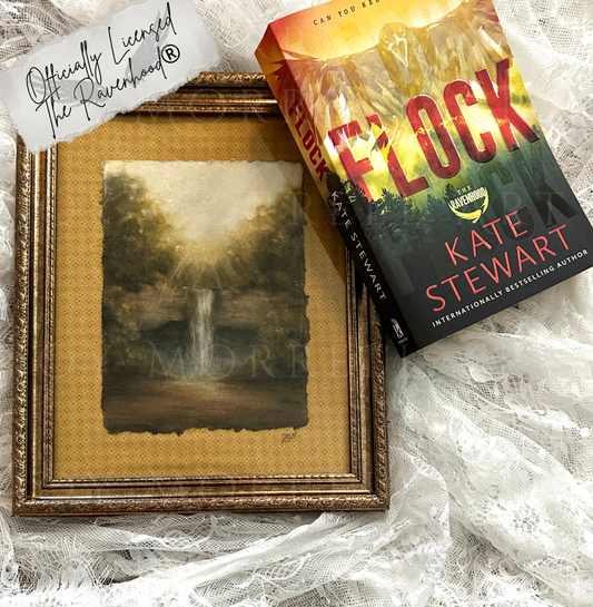 Book titled 'Flock' by Kate Stewart next to a framed painting on a textured surface.
