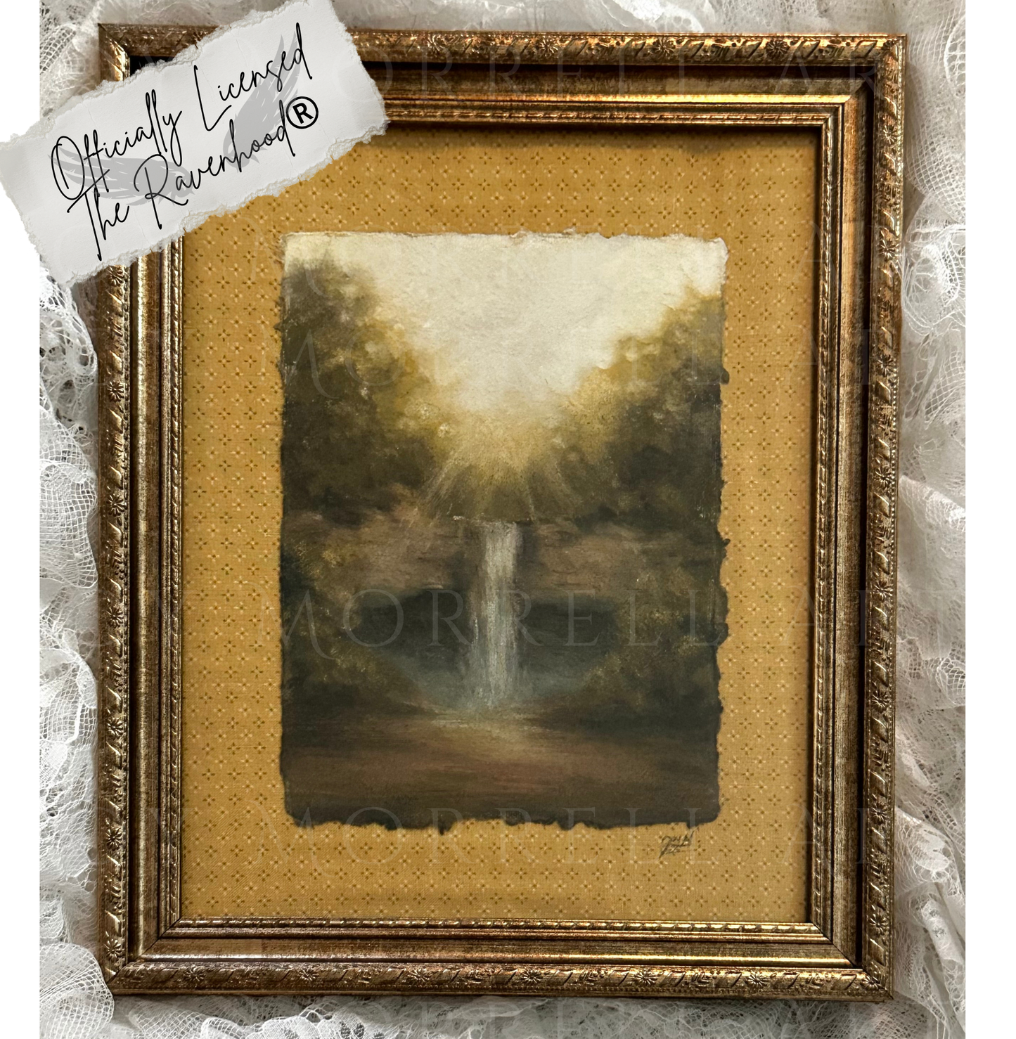 Framed artwork with a watercolor landscape on a textured background, featuring 'The Ravenhead' branding.